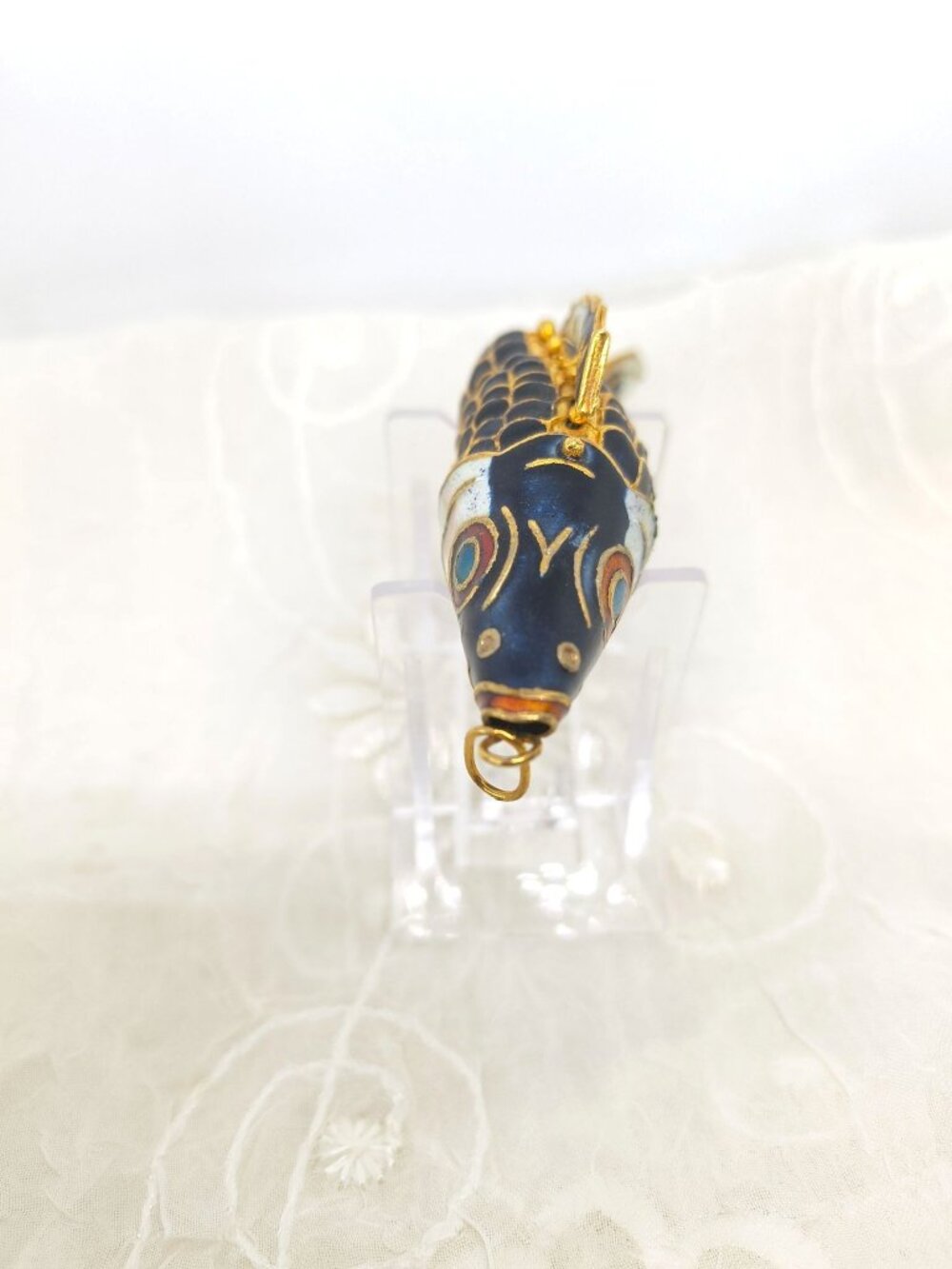 VTG Chinese Gilt Silver & Cloisonne Deep Blue Enamel Fish/Koi Pendant 4.5" LRG - Picture 6 of 11